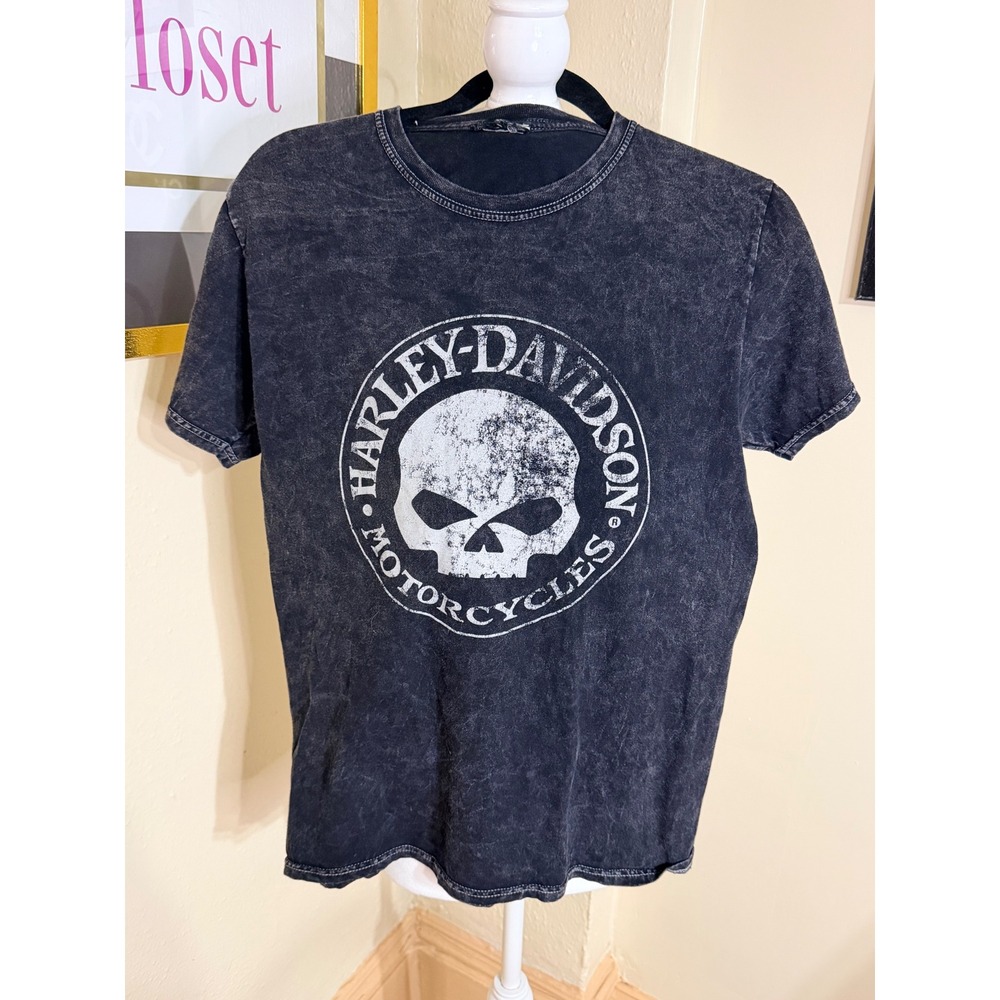 Harley Davidson Museum Willie G Skull Acid Wash Graphic T-Shirt Black Mens Small